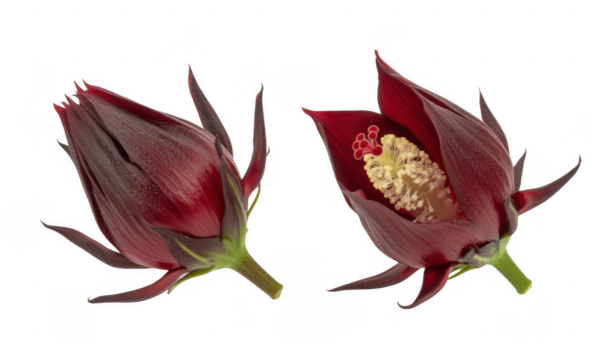 Two red hibiscus flowers one closed one open isolated on a transparent background
