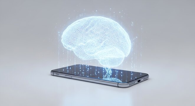 A digital brain hovers above a smartphone, symbolizing artificial intelligence and technological advancement isolated on white background the brain is composed of glowing dots