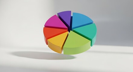 A colorful pie chart with eight slices, each a different color, representing data distribution and market share isolated on white background shadow visible