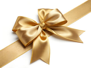 Golden Satin Bow with Ribbon on White Background – Luxury Gift Wrap Decoration
