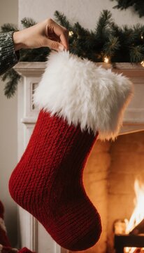 Una mano levanta un calcet&iacute;n navide&ntilde;o de hilo rojo brillante con un suave ribete de piel blanca