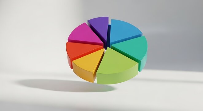 A colorful pie chart with eight slices, each a different color, representing data distribution and market share isolated on white background shadow visible