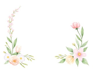 Fototapeta premium Soft watercolor floral corners, delicate blooms and foliage, elegant pastel colors, blank space for text, perfect for invitations and design.