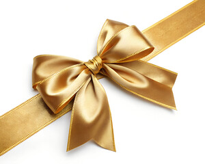 Golden Satin Ribbon Bow on White Background – Elegant Gift Decoration
