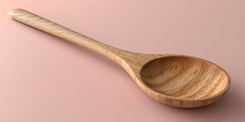 Rustic wooden spoon on soft pink backdrop evokes warmth and simplicity, perfect for culinary, lifestyle, or food-related content. Kitchen essential.