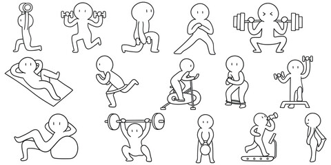 Fototapeta premium Hand-drawn doodle set of fitness and exercise on a white background.