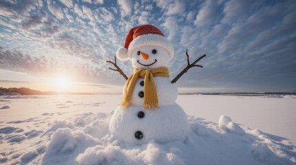 Obraz premium Joyful snowman wearing santa hat and scarf in snowy landscape