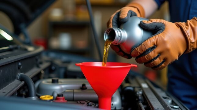 Unas manos enguantadas vierten lentamente aceite de motor dorado en un embudo rojo colocado sobre el compartimento del motor de un coche abierto