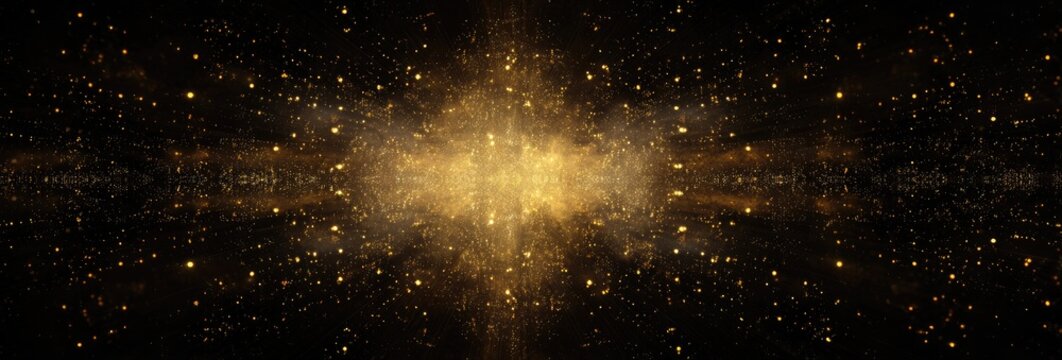 A cosmic expanse of shimmering gold particles, radiating with an intense light, set against the dark background