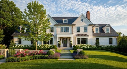View of a large two story house with manicured lawn and flower gardens