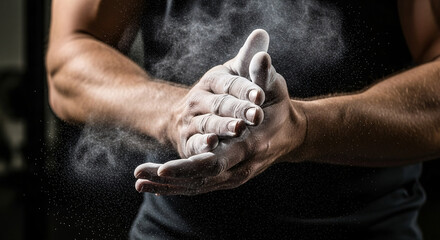 Close up of a weightlifter s hands covered in chalk preparing for a heavy lift in a gym