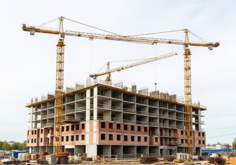 Construction site with multiple cranes and building under development isolated on white background