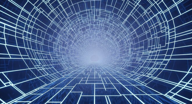 Abstract blue tunnel with perspective grid lines and light at end
