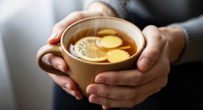 Warm mug of lemon and ginger tea held by hands for comfort and soothing relief