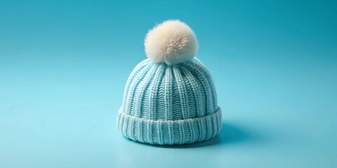 Stylish light blue winter knit hat with fluffy pompom isolated on a matching background, perfect for cozy fashion or seasonal promotions