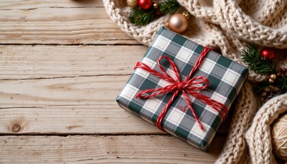 Festive Gift with Decorations Rustic Wooden Surface