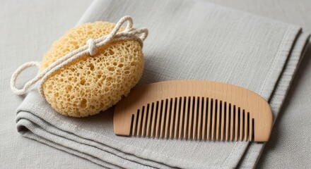 Still life of bath sponge and wooden comb on folded gray linen towel