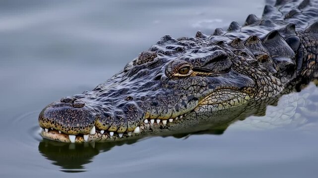 A close-up of a crocodile's head emerges from water, showcasing its textured skin and sharp teeth
