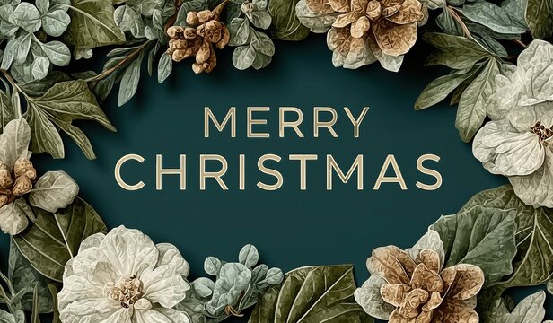 Merry Christmas card with a decorative floral frame and the text Merry Christmas on a dark green background for holiday greeting