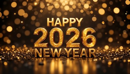 happy new year 2026 golden text on dark gray background surrounded by golden confetti