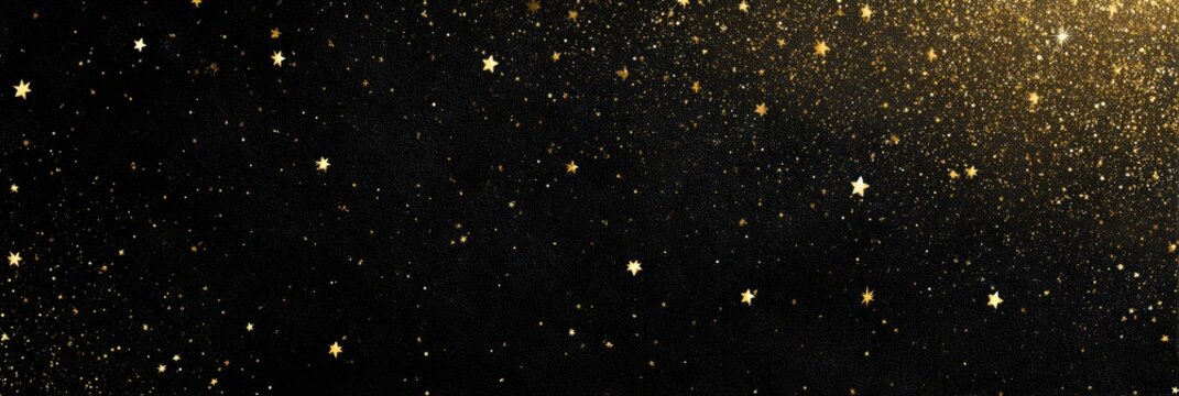 A dark background with twinkling golden stars scattered across the space, creating a beautiful cosmic effect - Powered by Adobe