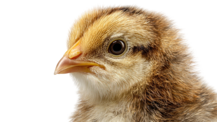 Adorable fluffy baby chick captured in close up with soft yellow details and gentle expression on white background