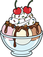 Colorful Ice Cream Sundae Dessert Cartoon Vector with Cherries and Sprinkles in Glass Bowl