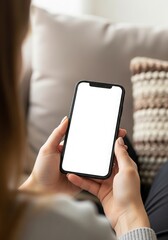 Woman holding a blank white screen smartphone while relaxing on a sofa in a cozy home setting perfect for mobile app advertising and digital lifestyle content