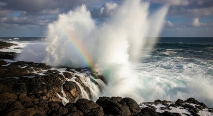 Ocean waves crashing against rocks creating a rainbow in the mist