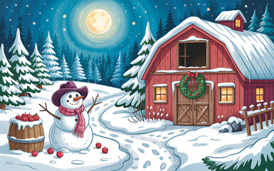 Whimsical winter wonderland with snowman, red barn and full moon