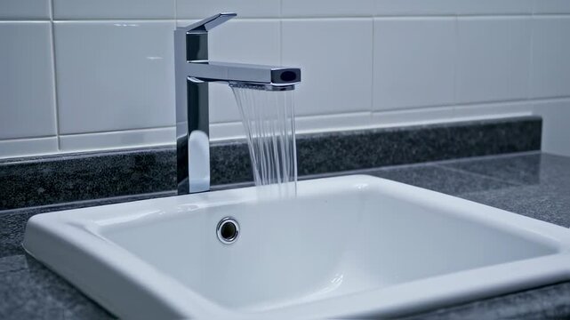 A modern chrome faucet dispenses a stream of clear water into a pristine white bathroom sink