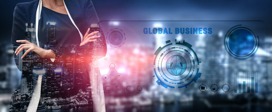 Global business partnerships and international trade concept. A dashboard for worldwide market analytics, data visualization, and company strategy. Motif