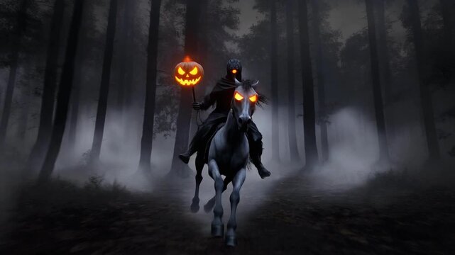 Headless Horseman with Jack O Lantern Riding a White Horse Through a Dark Forest Keywords: headless horseman, jack o lantern, pumpkin, halloween, spooky, creepy, dark forest, woods, night, fog