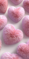 Soft pink fuzzy hearts scattered on light background