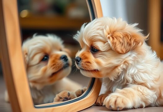 A fluffy puppy curiously sniffing its reflection in a mirror, mammal, clean