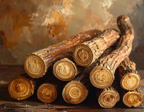 Rustic still life composition of stacked wooden logs with tree rings and bark texture