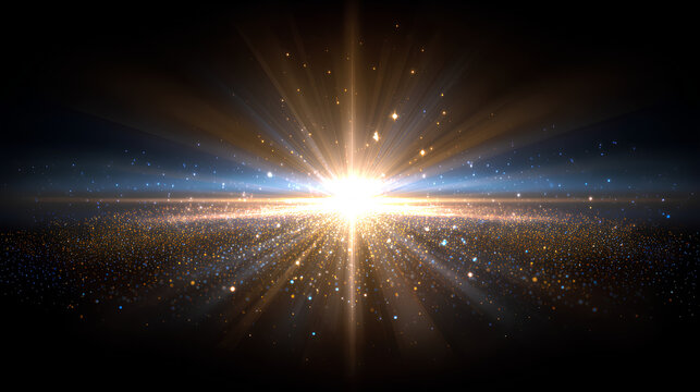 Transparent magic glow with glittering effect, radiant beam, gold sparkle, blue shine, fantasy sunburst, festive explosion, holiday light, overlay lens flare, abstract vector celebration