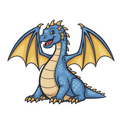 Blue dragon with yellow wings and a happy expression sitting down.