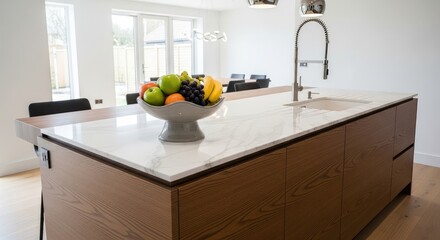 Kitchen island with fruit bowl and sink in a modern white kitchen area