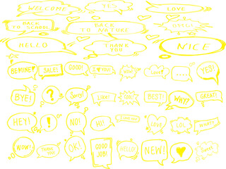 Yellow hand-drawn speech bubbles filled with playful words and doodles, creating a fun comic-style element set perfect for creative designs, stickers, and illustrations.
