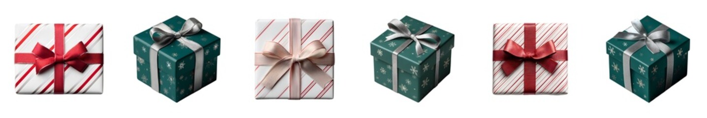 Set of striped and green Christmas gift boxes with festive ribbons, isolated on transparent background