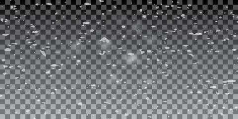 Real snowfall over transparent background. Abstract snowy white particles falling for winter weather overlay or cold snowfall background. Heavy snow storm.
