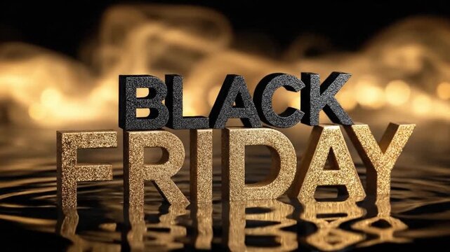Stacked glittery block letters spelling BLACK FRIDAY in black and gold resting on a reflective surface with a warm blurry background