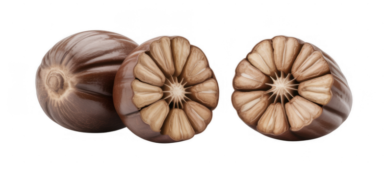 Whole and Halved Nutmeg Spice isolated on a transparent background
