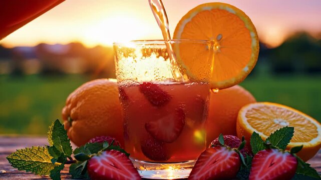This bright drink features strawberries and oranges sitting next to a glass filled with sparkling soda. The strawberries and oranges add a fresh and vibrant touch to this sunny sce