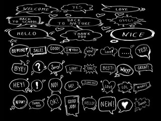Hand-drawn doodle speech bubbles set on a black background, featuring expressive words, icons, and comic-style elements perfect for creative design projects.
