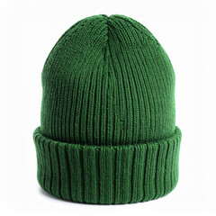 Green knit beanie hat isolated on white backdrop, cozy winter headwear, fashion accessory.