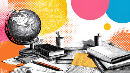 Trendy education concept halftone collage elements set. Back to school stationery paper cut outs, student, laptop, book, pencil, Earth globe. Modern retro vector illustration for mixed media design