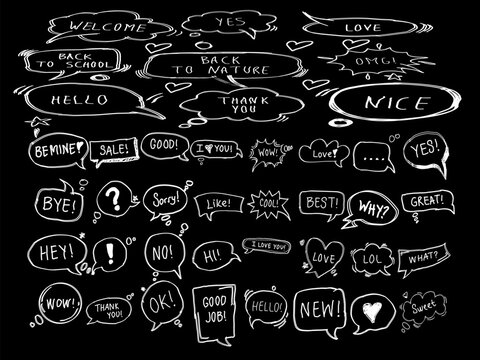 Hand-drawn doodle speech bubbles set on a black background, featuring expressive words, icons, and comic-style elements perfect for creative design projects.
