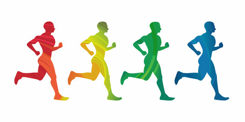 Colorful running man silhouettes in a row on white background